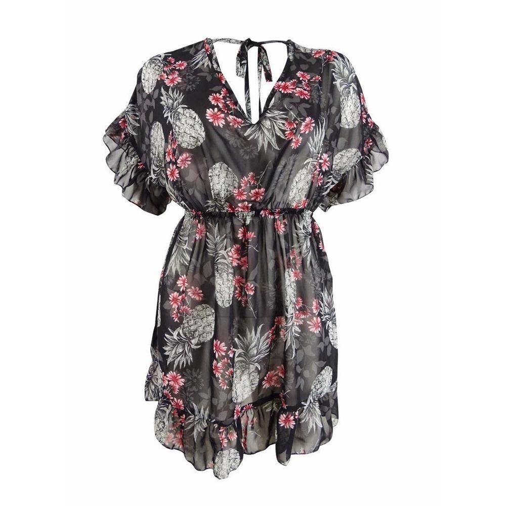 Miken Women's Ruffled Floral-Print Dress Swim Cover-Up (XS, Black/Poppy Red)